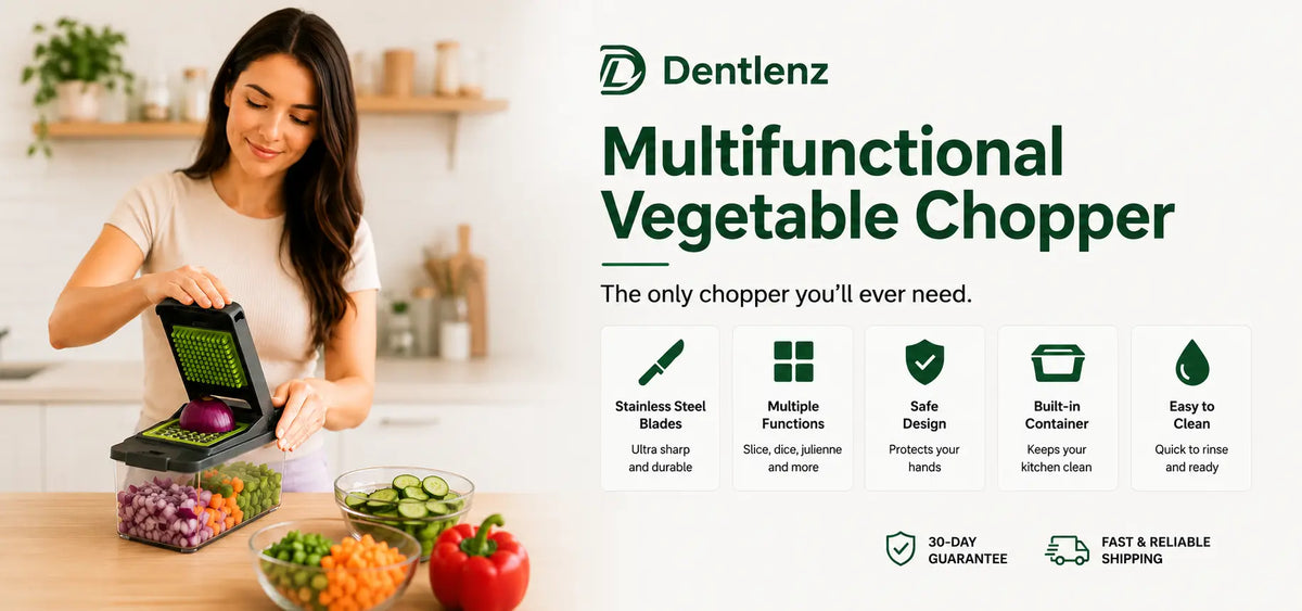 A woman in a kitchen uses a Dentlenz multifunctional vegetable chopper, slicing vegetables into containers. The right side of the image features product specifications and benefits on a white background with the Dentlenz brand logo.